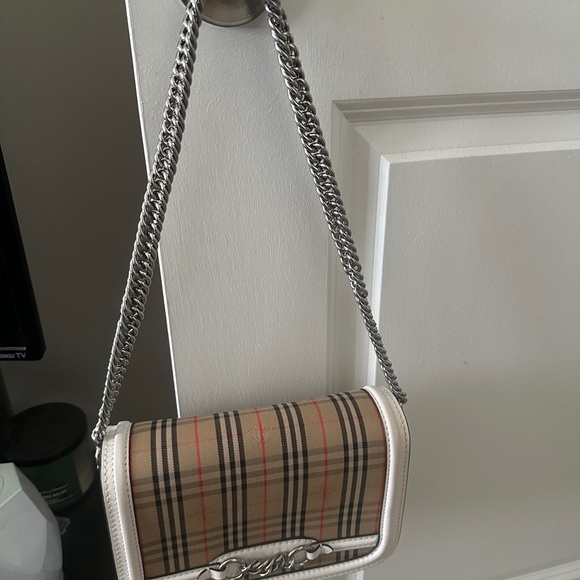 Burberry Link Check Shoulder Bag with Leather Trim - Picture 3 of 5
